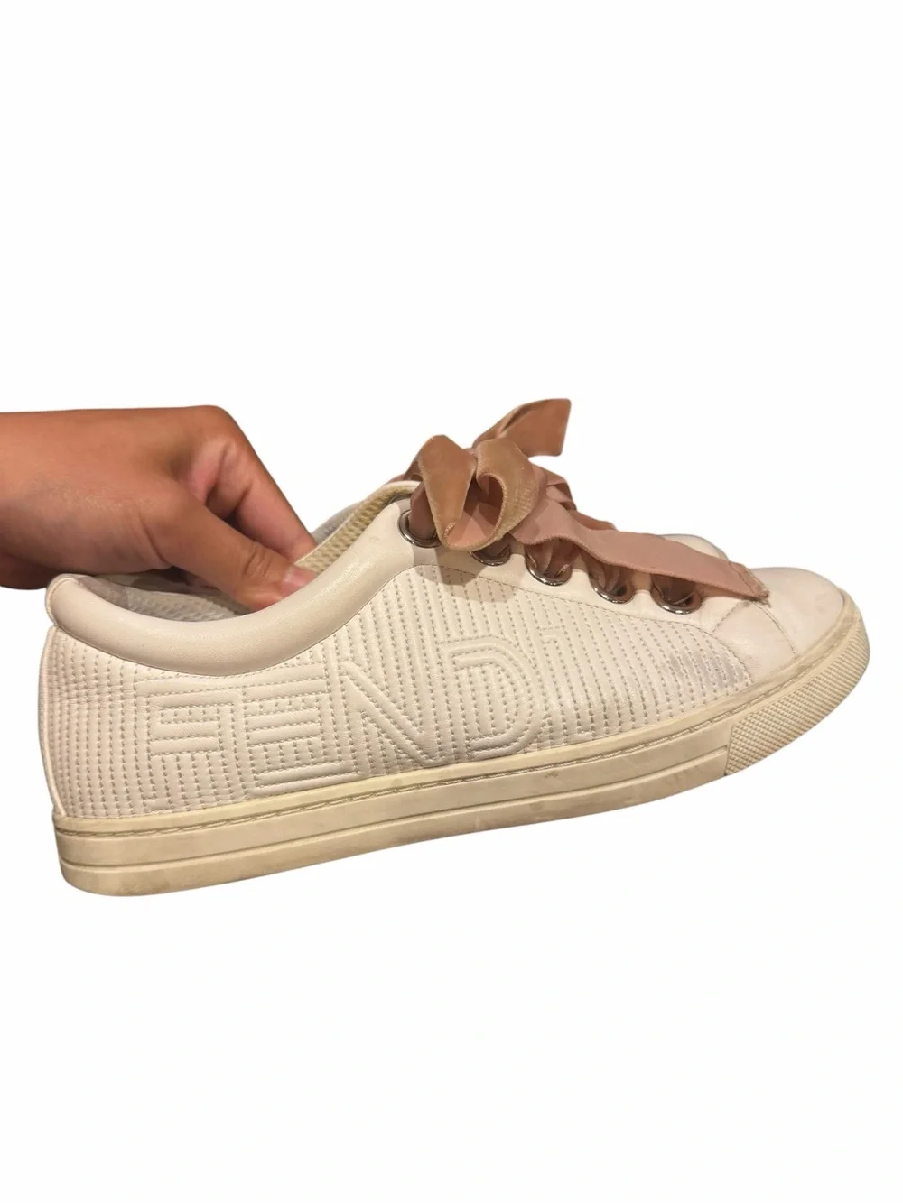 Fendi White Leather Logo Sneakers Pink Velvet Laces EU 37 Italy Balletcore